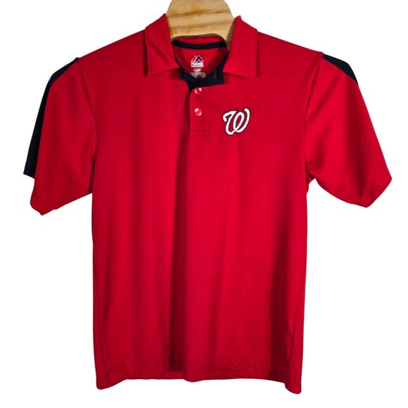 Majestic Washington Nationals Embroidered Logo Polo Shirt Large Red Short Sleeve - Picture 2 of 5